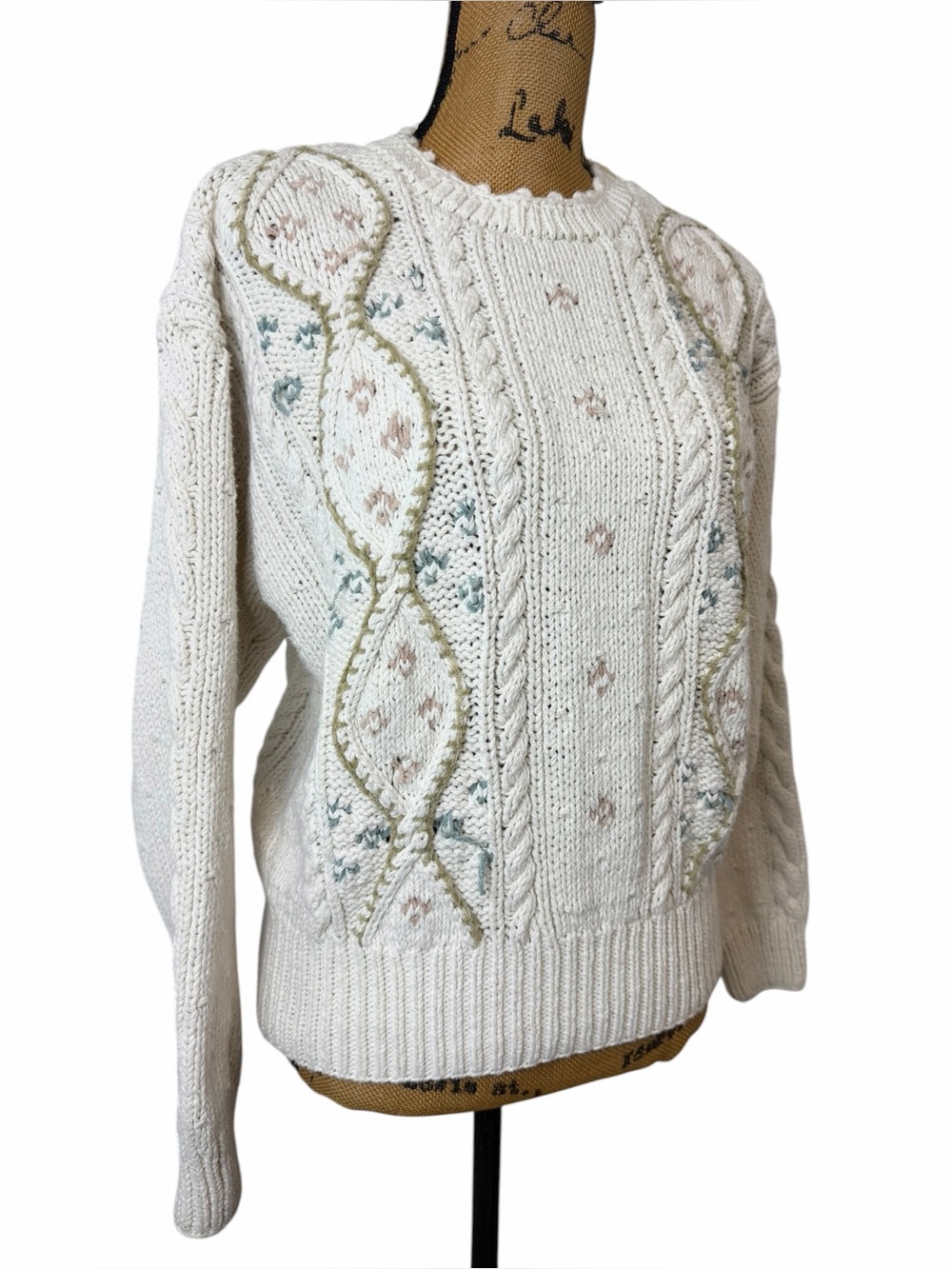 Vintage 90s Liz Claiborne Hand Knit Cable Sweater Floral Cotton Cottagecore - Picture 6 of 7